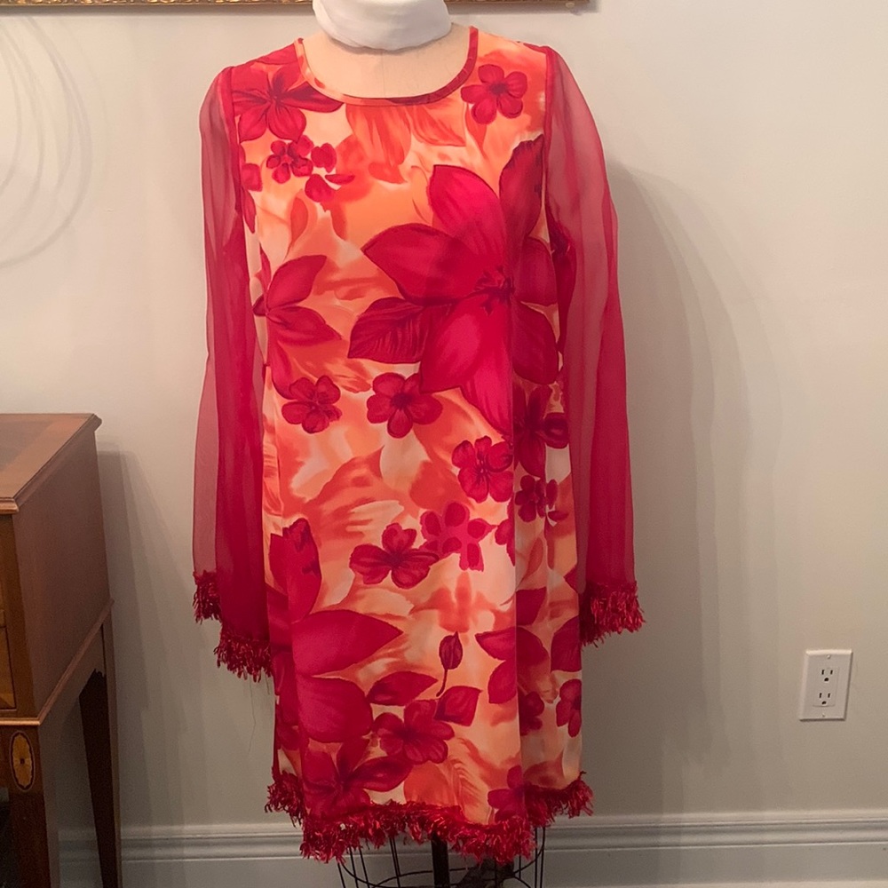 Costume red floral polyester dress professionally converted to ‘60s costume